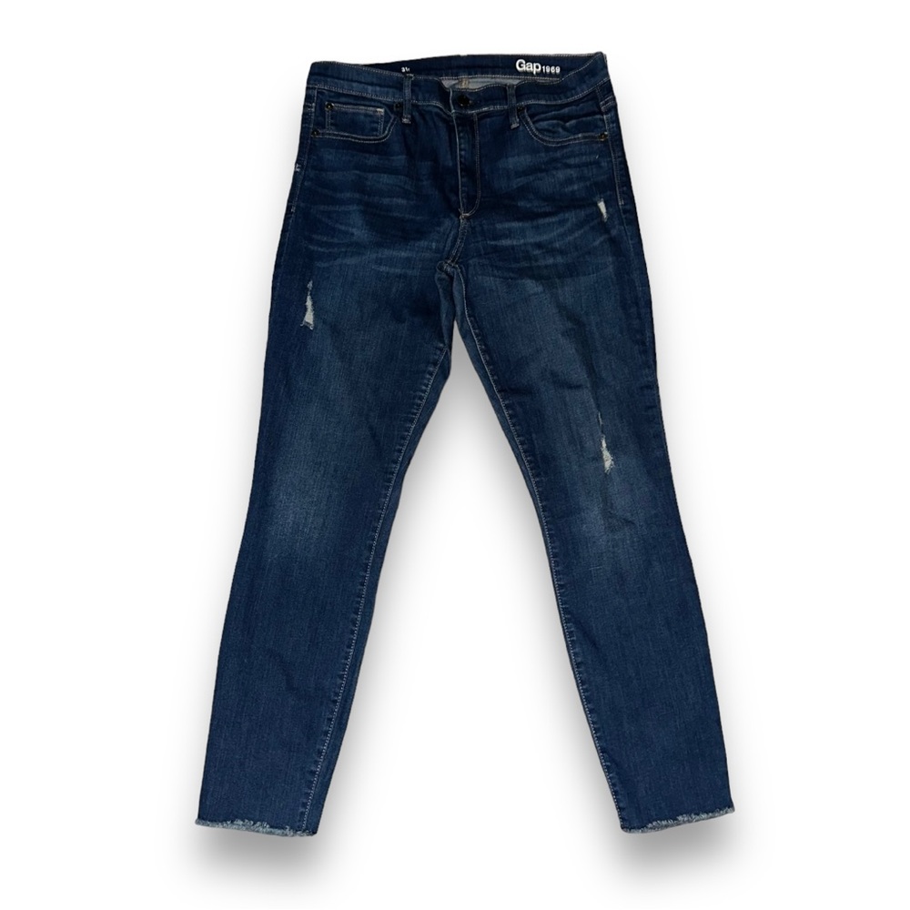 Gap slight distressed dark wash skinny ankle jeans